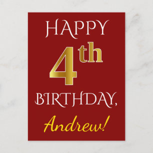 Red, Faux Gold 4º cumpleaños + postal de nombre pe