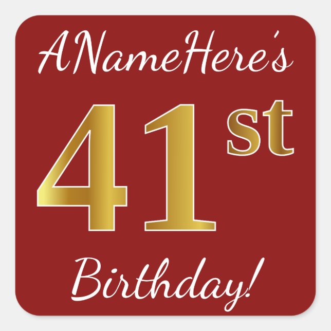 Red, Faux Gold 41st Birthday + Pegatina de nombre  (Anverso)