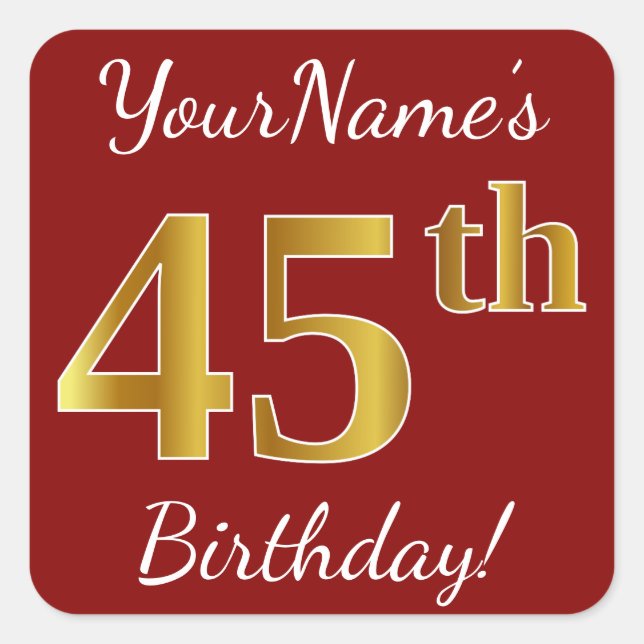 Red, Faux Gold 45th Birthday + Pegatina de nombre  (Anverso)