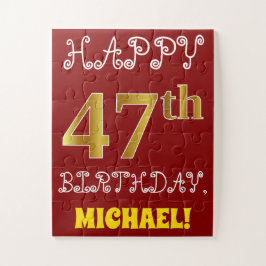 Red, Faux Gold 47th Birthday + Custom Name Puzzle