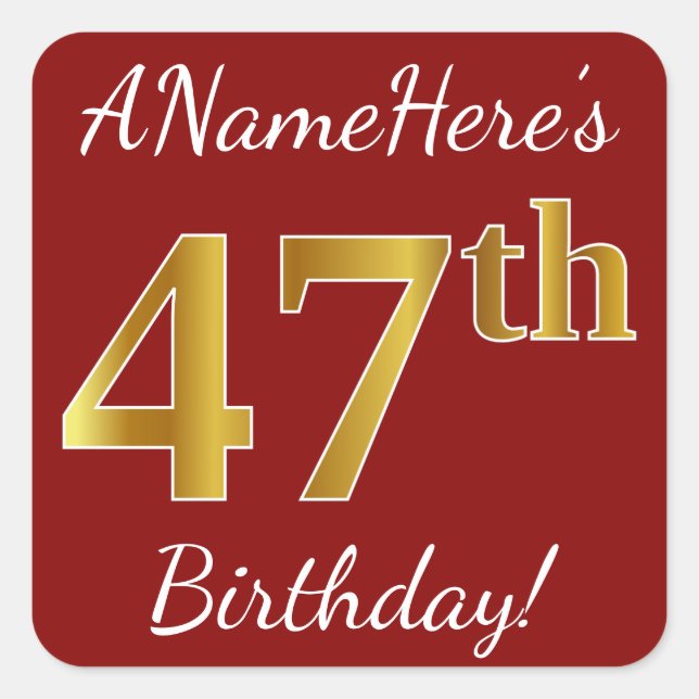 Red, Faux Gold 47th Birthday + Pegatina de nombre  (Anverso)
