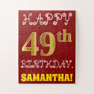 Red, Faux Gold 49th Birthday + Custom Name Puzzle