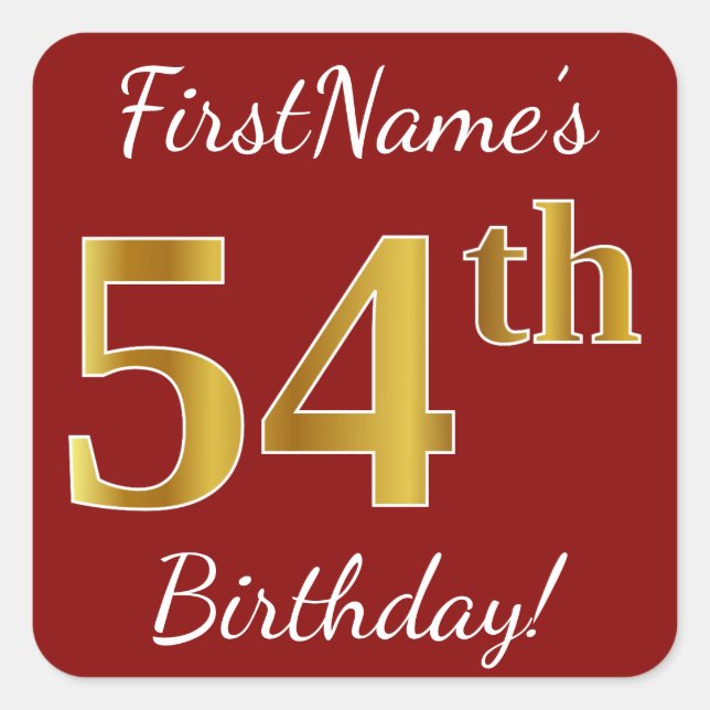 Red, Faux Gold 54th Birthday + Pegatina de nombre  (Anverso)