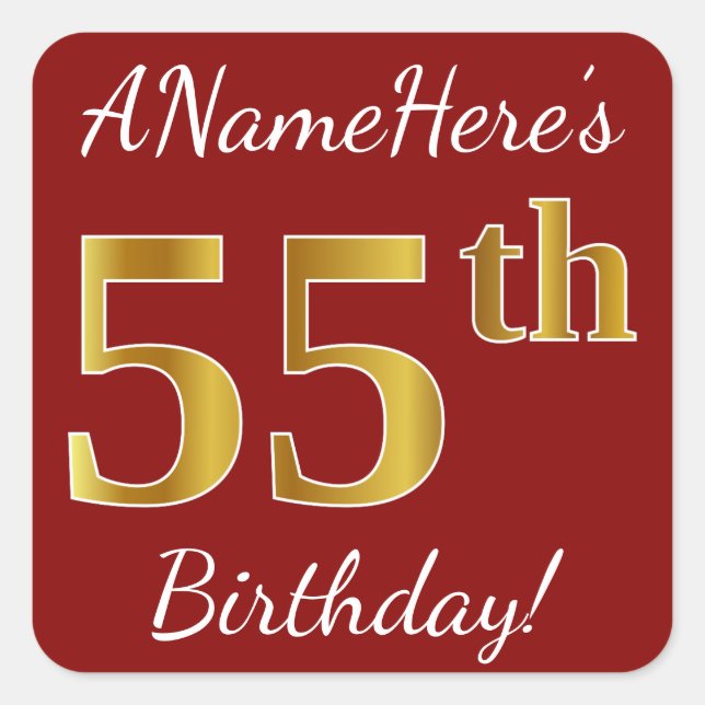 Red, Faux Gold 55th Birthday + Pegatina de nombre  (Anverso)