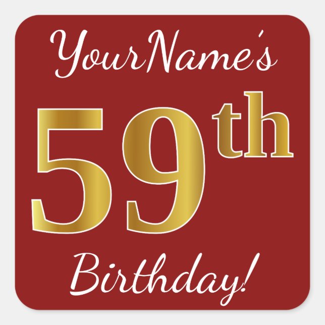 Red, Faux Gold 59th Birthday + Pegatina de nombre  (Anverso)