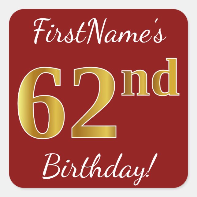 Red, Faux Gold 62nd Birthday + Pegatina de nombres (Anverso)
