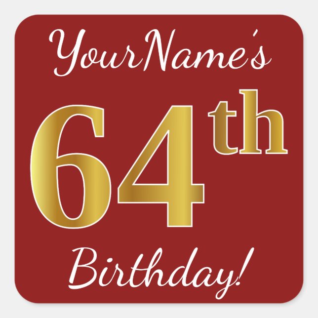 Red, Faux Gold 64th Birthday + Pegatina de nombre  (Anverso)