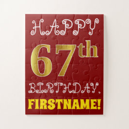 Red, Faux Gold 67th Birthday + Custom Name Puzzle