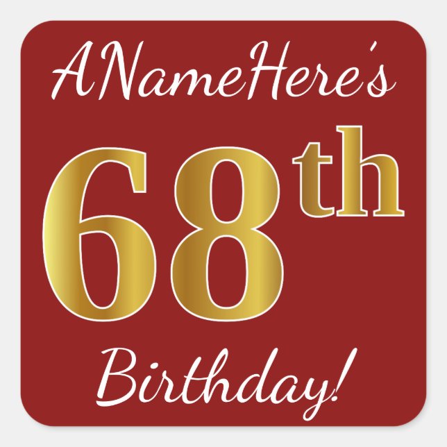 Red, Faux Gold 68th Birthday + Pegatina de nombre  (Anverso)
