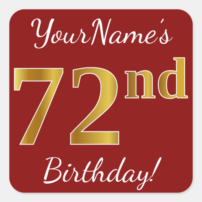 Red, Faux Gold 72nd Birthday + Pegatina de nombres (Anverso)