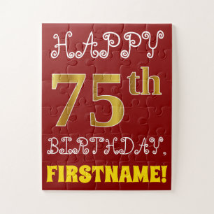 Red, Faux Gold 75th Birthday + Custom Name Puzzle