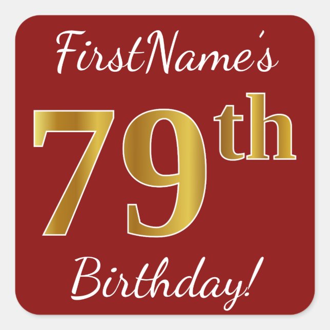 Red, Faux Gold 79th Birthday + Pegatina de nombre  (Anverso)