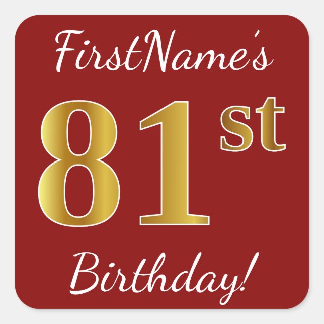 Red, Faux Gold 81st Birthday + Pegatina de nombre  (Anverso)