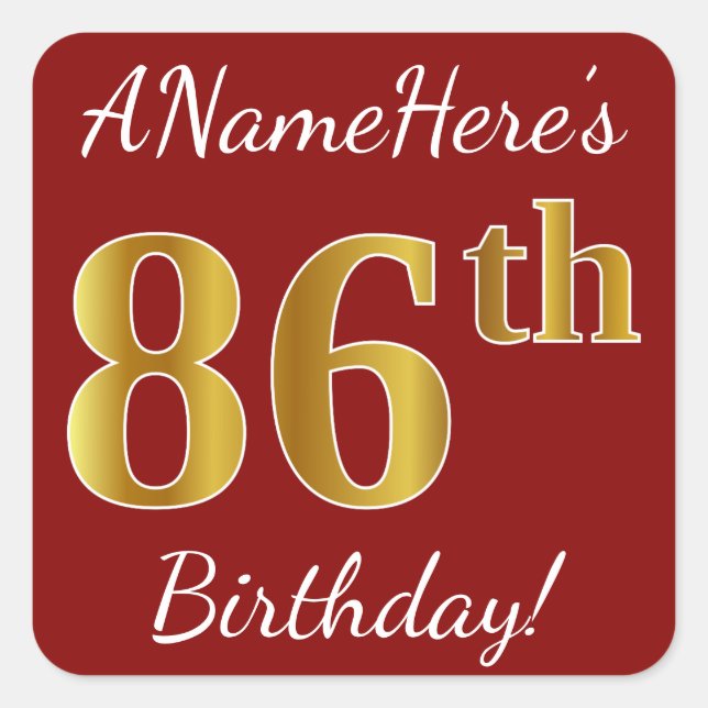 Red, Faux Gold 86th Birthday + Pegatina de nombre  (Anverso)