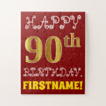 Red, Faux Gold 90th Birthday   Custom Name Puzzle<br><div class="desc">Este divertido y sencillo diseño de rompecabezas de cumpleaños muestra el mensaje "FELIZ 90º CUMPLEAÑOS", en el que el "90º" tiene un aspecto de color falso/imitación dorado. También cuenta con un nombre personalizado y un fondo de color rojo. Podría ser una manera divertida y especial de dar un saludo de...</div>