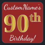 Red, Faux Gold 90th Birthday   Pegatina de nombre<br><div class="desc">Este sencillo diseño pegatina de cumpleaños incluye un mensaje como "¡Cumpleaños 90 de CustomName!", con el "90" con un aspecto de color falso/imitación de inspiración dorada, en un fondo de color rojo. El nombre se puede personalizar. Pegatinas como estos podrían ser tal vez un regalo para alguien que esté celebrando...</div>