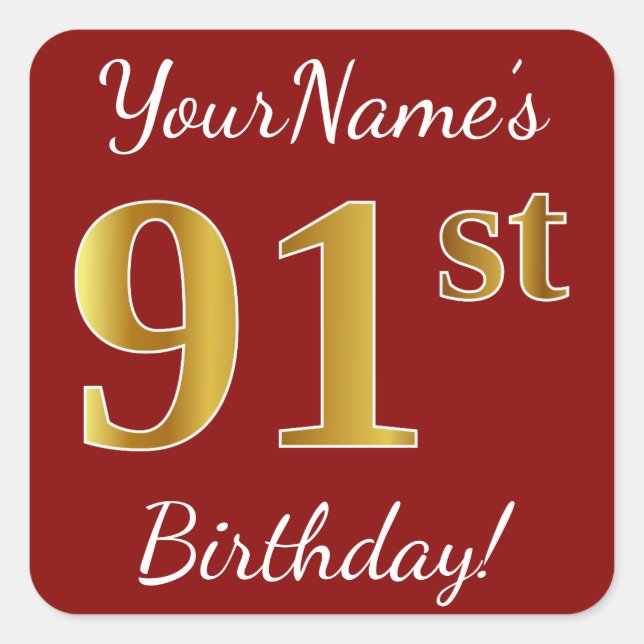 Red, Faux Gold 91st Birthday + Pegatina de nombre  (Anverso)