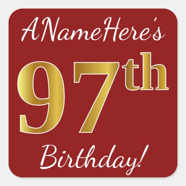 Red, Faux Gold 97th Birthday + Pegatina de nombre  (Anverso)