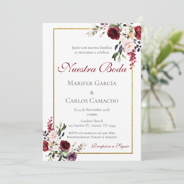 Red Floral Wedding invitation Invitación boda espa (Anverso de pie)
