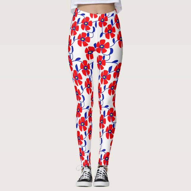 Red Flowers Blue Vines Leggings (Anverso)