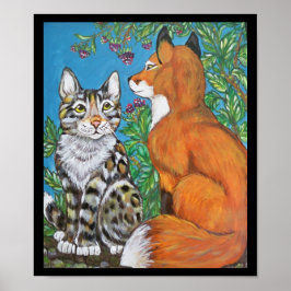 Red Fox Kit y Cat Poster, Arte Animal Original