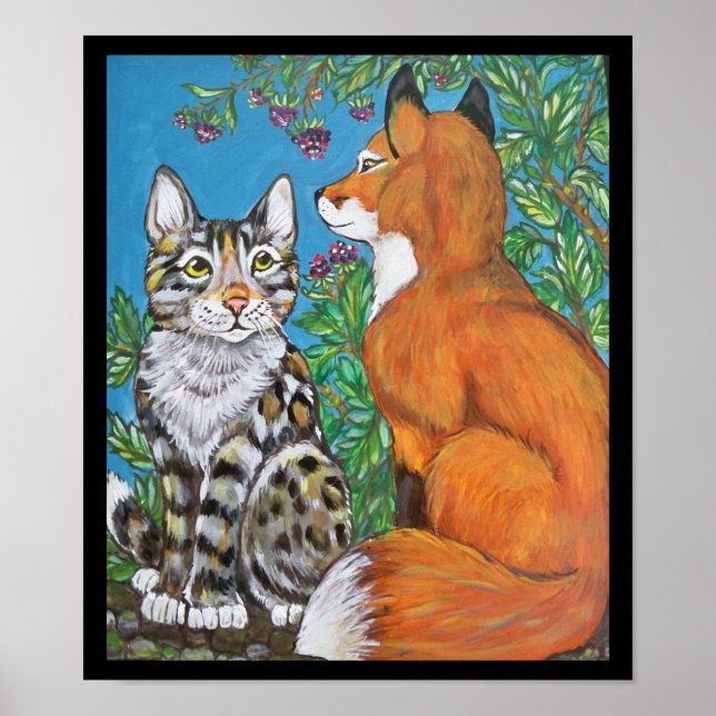 Red Fox Kit y Cat Poster, Arte Animal Original (Frente)