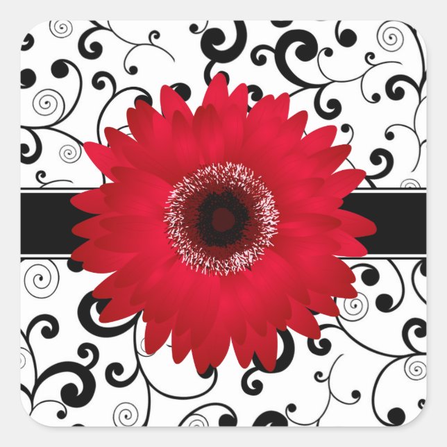 Red Gerbera Daisy con sello de diseño de pergamino (Anverso)