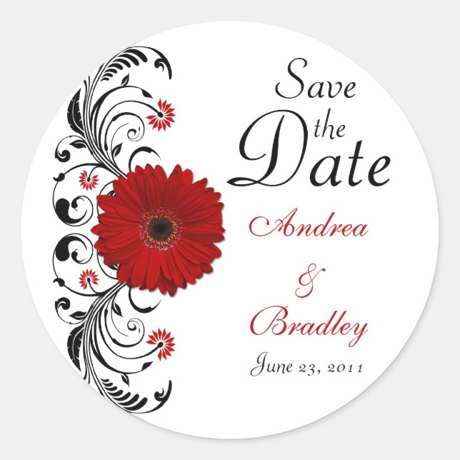 Red Gerbera Floral Save the Date Pegatina (Anverso)
