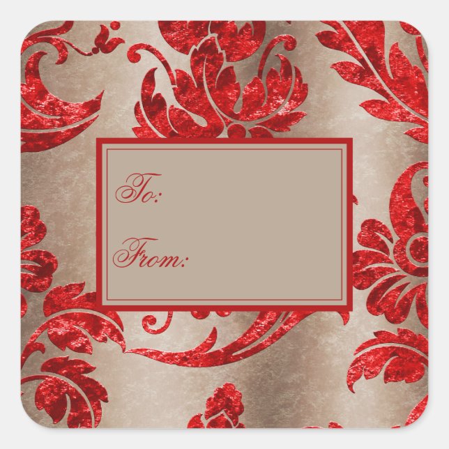 Red Gold Faux Velvet Damask Elegant Gift Etiqueta (Anverso)