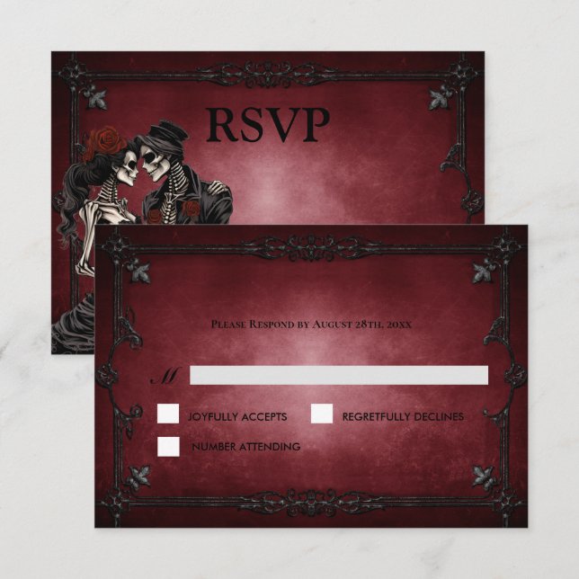 Red Gothic Halloween Alternative Wedding RSVP Card (Anverso / Reverso)