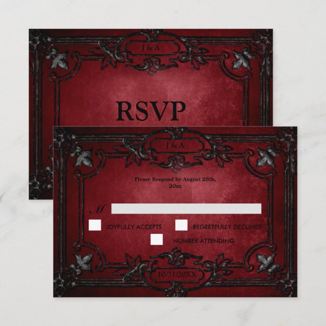 Red Gothic Halloween Alternative Wedding RSVP Card (Anverso / Reverso)