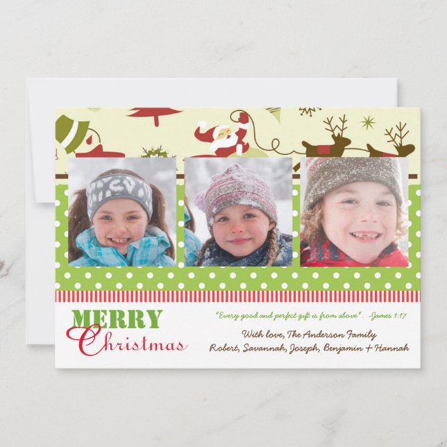 Red, Green, Brown Retro 3 Fotos - Tarjeta de Navid (Anverso)
