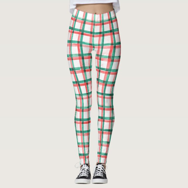 Red Green Check Plaid Christmas Leggings for Women (Anverso)