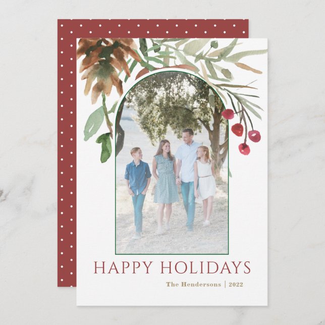 Red Happy Holidays Navidades Berries Photo Card (Anverso / Reverso)
