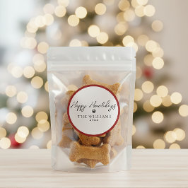 Red Happy Howlidays Paw Print Round Pegatina