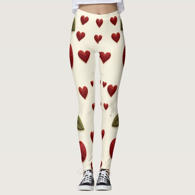 Red Hearts Pattern White Leggings - Romantic Valen (Anverso)
