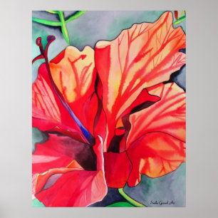 Red Hibiscus, arte de acuarela de flores tropicale