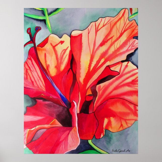 Red Hibiscus, arte de acuarela de flores tropicale (Frente)