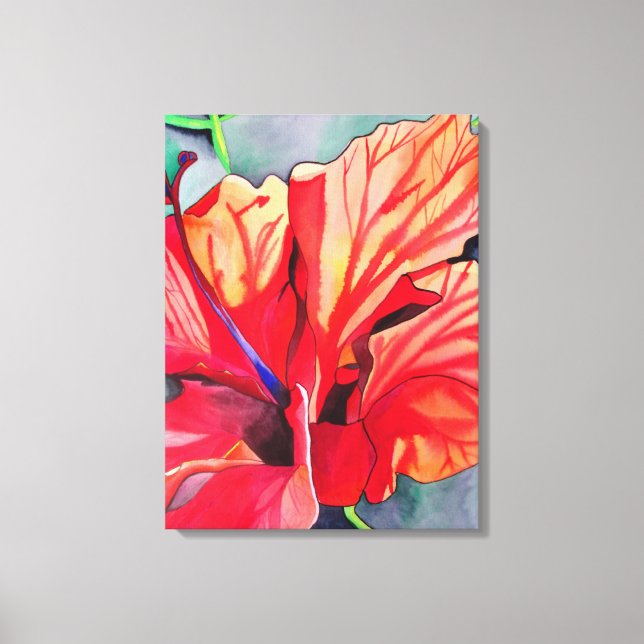 Red Hibiscus, arte de acuarela de flores tropicale (Anverso)