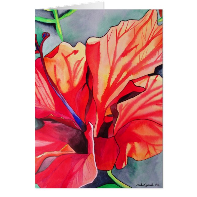 Red Hibiscus, arte de acuarela de flores tropicale (Frente)