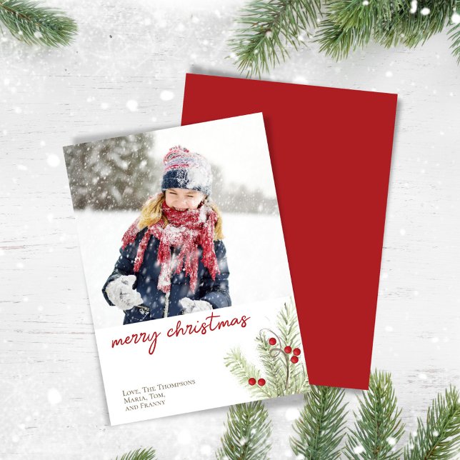 Red Holly Berries Feliz Navidad Una foto (Merry Christmas photo card with red and green greenery design.)