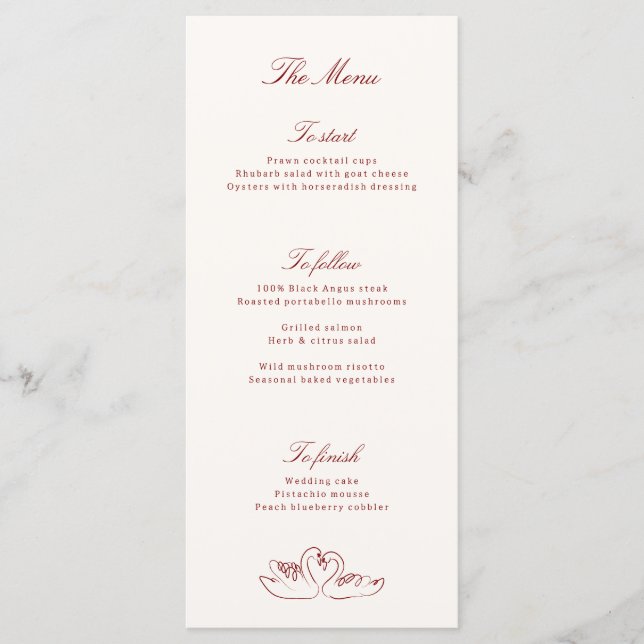 Red Illustrated Swans Whimsical Wedding Menu (Anverso)