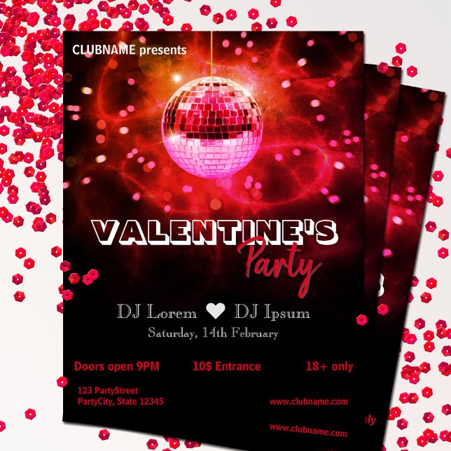 Red Love Valentine's Day Disco Ball Party Flyer (Subido por el creador)