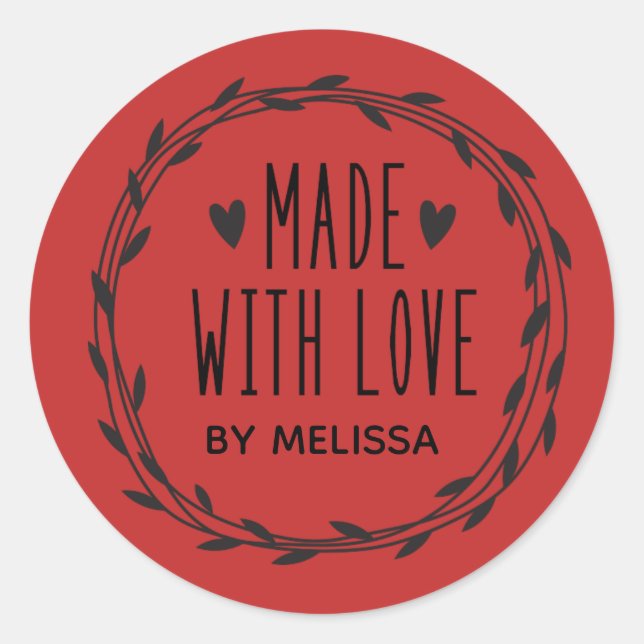 Red Made With Love Classic Round Pegatina (Anverso)