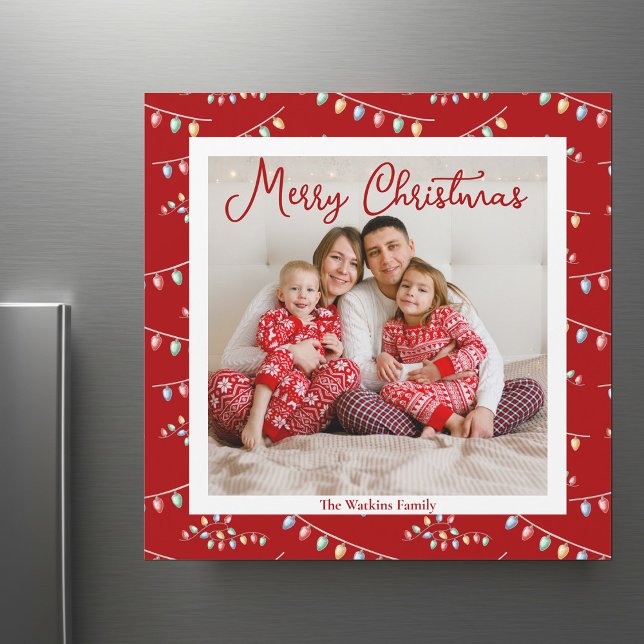 Red Merry Christmas Lights Cute Photo Magnet Card (Subido por el creador)