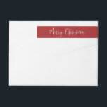 Red Merry Christmas Return Address<br><div class="desc">Un simple y moderno ajuste navideño alrededor de la etiqueta de la dirección de retorno que presenta Feliz Navidad en tipografía de escritura blanca en un oscuro fondo rojo. Añada este detalle especial a sus envíos de correo de vacaciones.</div>