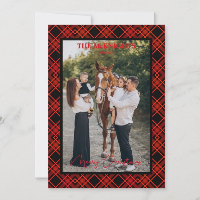 Red Merry Christmas Tartan Plaid Photo Family (Anverso)