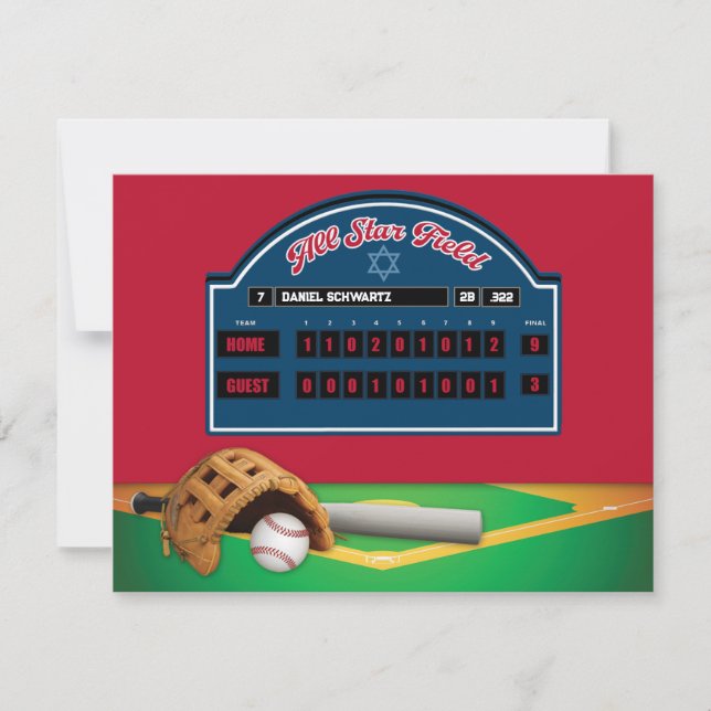 Red, Navy Baseball Bar Tarjeta de Recepción Mitzva (Anverso)