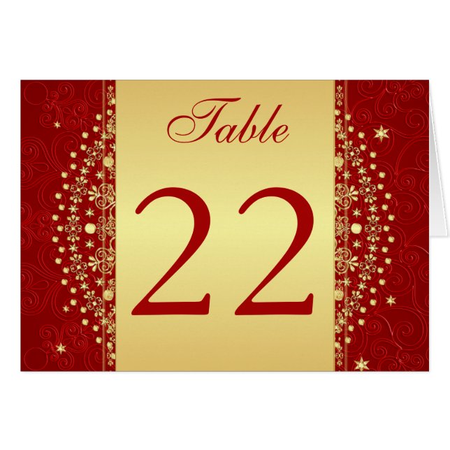 Red, Oro Scrolls, Stars Table Number Card (Anverso (Horizontal))