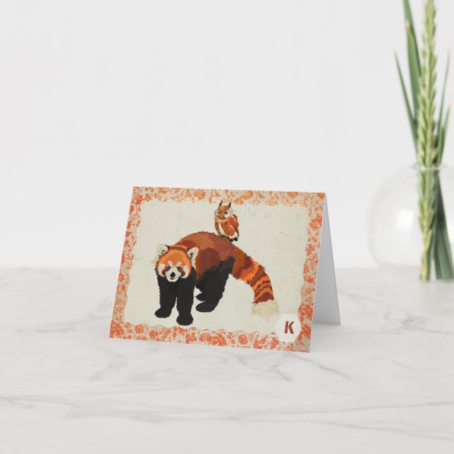 Red Panda & Owl Monogram Notecard (Anverso)